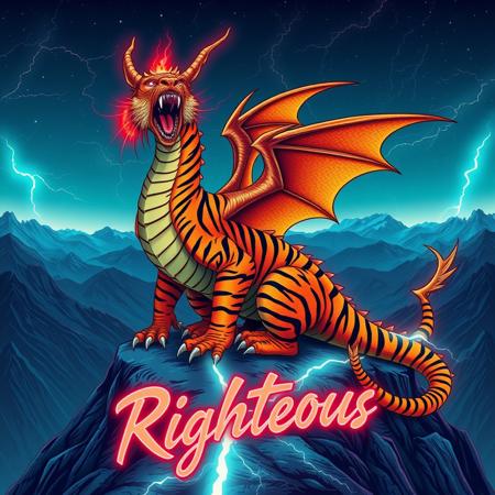 A tiger-striped dragon sitting on a mountain-top. Orange and black stripes.  Two horns.  Dragon Wings. Roaring.  Breathing fire.
Background mountains at night. Cosmic skyscape.  Synthwave colorscheme. Very realistic, fantasy illustration.
with the phrase "Righteous" emblazoned in 3D, intricate, lightning patterns, with a predominantly neon colors,
