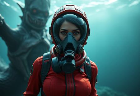 "Create a hyper-realistic, orthographic front view of a bimbo-style woman wearing a red flexiseal space suit and a gas mask, with intricate clothing textures and details. The suit should have elements inspired by Subnautica's design. The background features a menacing sea creature from the game. Produce a high-definition, 8K render using Unreal Engine or a similar program, aiming for a cinematic, sci-fi movie feel. Symmetry, global illumination, and depth field should be utilized to enhance the overall grimdark atmosphere."