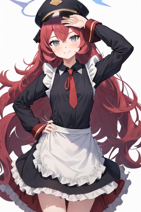 best quality, masterpiece, highres, solo, {iroha_bluearchive:1.15}, long_hair, red_hair, halo, bangs, blush, hat, hair_between_eyes, peaked_cap, black_headwear, grey_eyes, military_hat, necktie, red_necktie, smile, very_long_hair, 1girl, alternate_costume, apron, dress, enmaided, looking_at_viewer, maid, maid_headdress, puffy_sleeves, frills, ribbon, white_apron, black_dress, frilled_apron, maid_apron, neck_ribbon, red_ribbon, simple_background, hand_on_hip, puffy_short_sleeves, short_sleeves