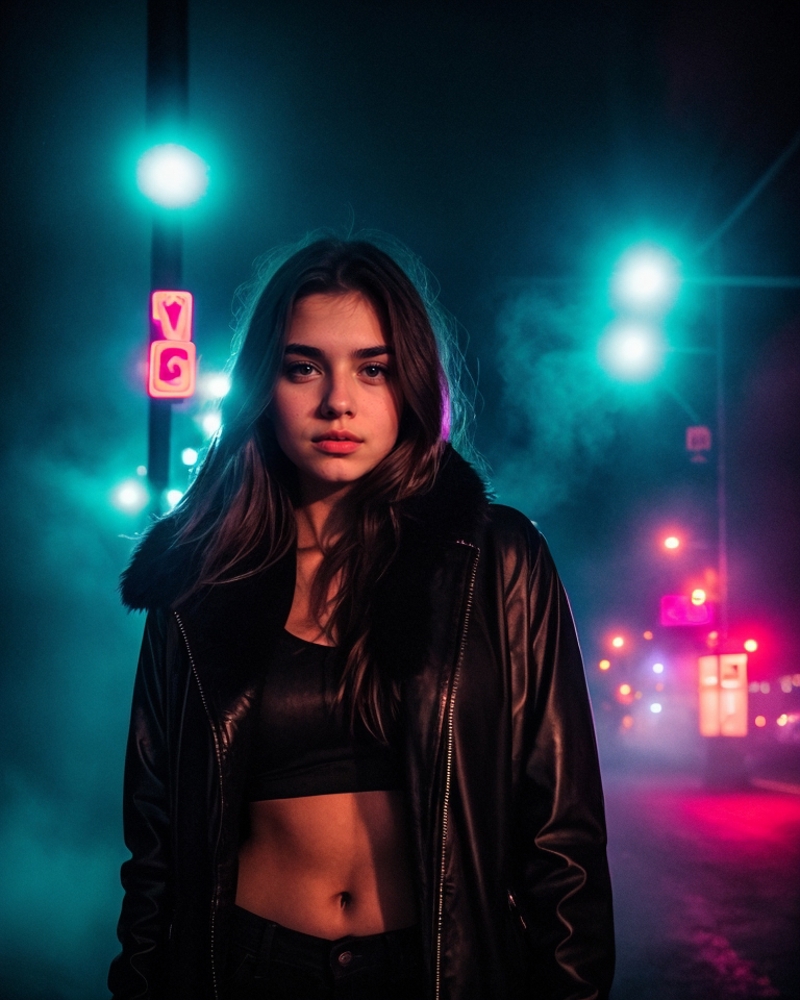 Woman in a leather jacket standing on the street at night.
