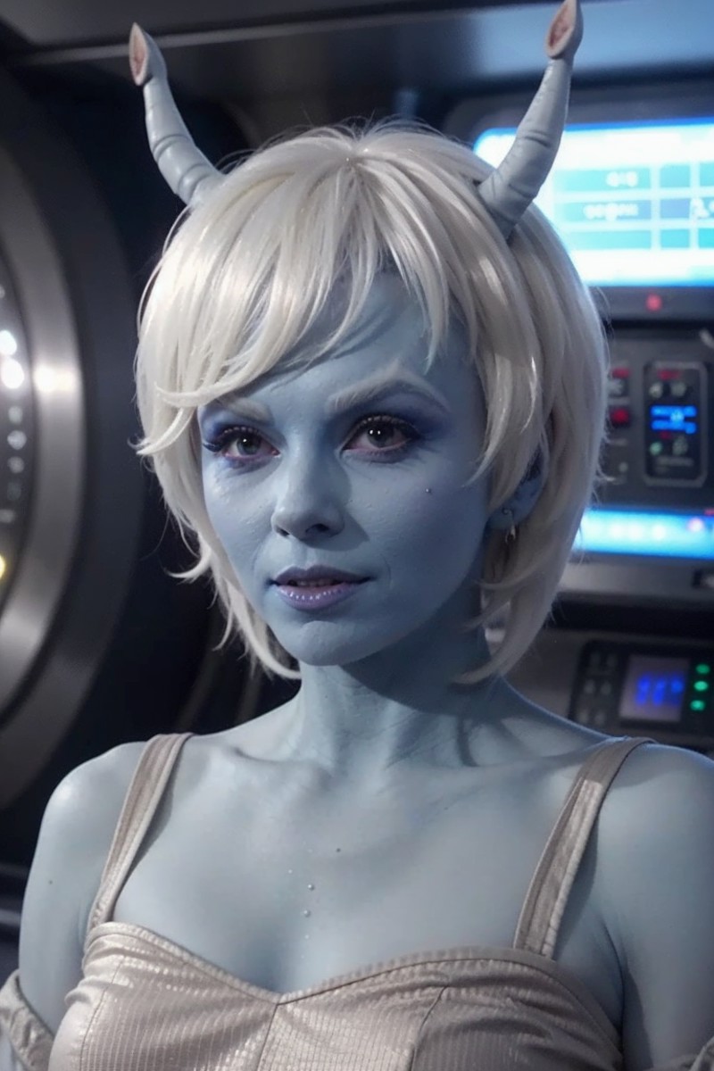 andorian woman, white hair, white eyebrows, blue skin, antennae, dress, scifi starship interior,  <lora:race_st_andorian:0...