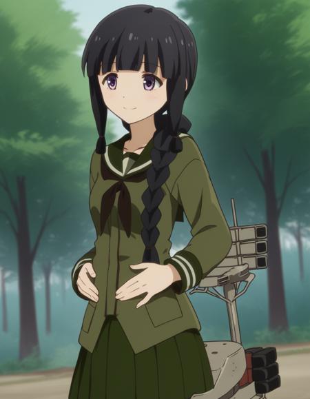 kitakami, long hair, bangs, black hair, purple eyes, braid, blunt bangs, single braid, hair over shoulder, kitakami (kancolle) skirt, school uniform, serafuku, green skirt, pleated skirt, green shirt, green sailor collar