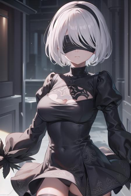 2b, (black blindfold:1.5), black hairband, blindfold, hairband, short hair, white hair, black skirt, black thighhighs, boots, cleavage cutout, clothing cutout, hairband, high heels, long sleeves, robot, side slit, skirt, thigh boots, thighhighs,