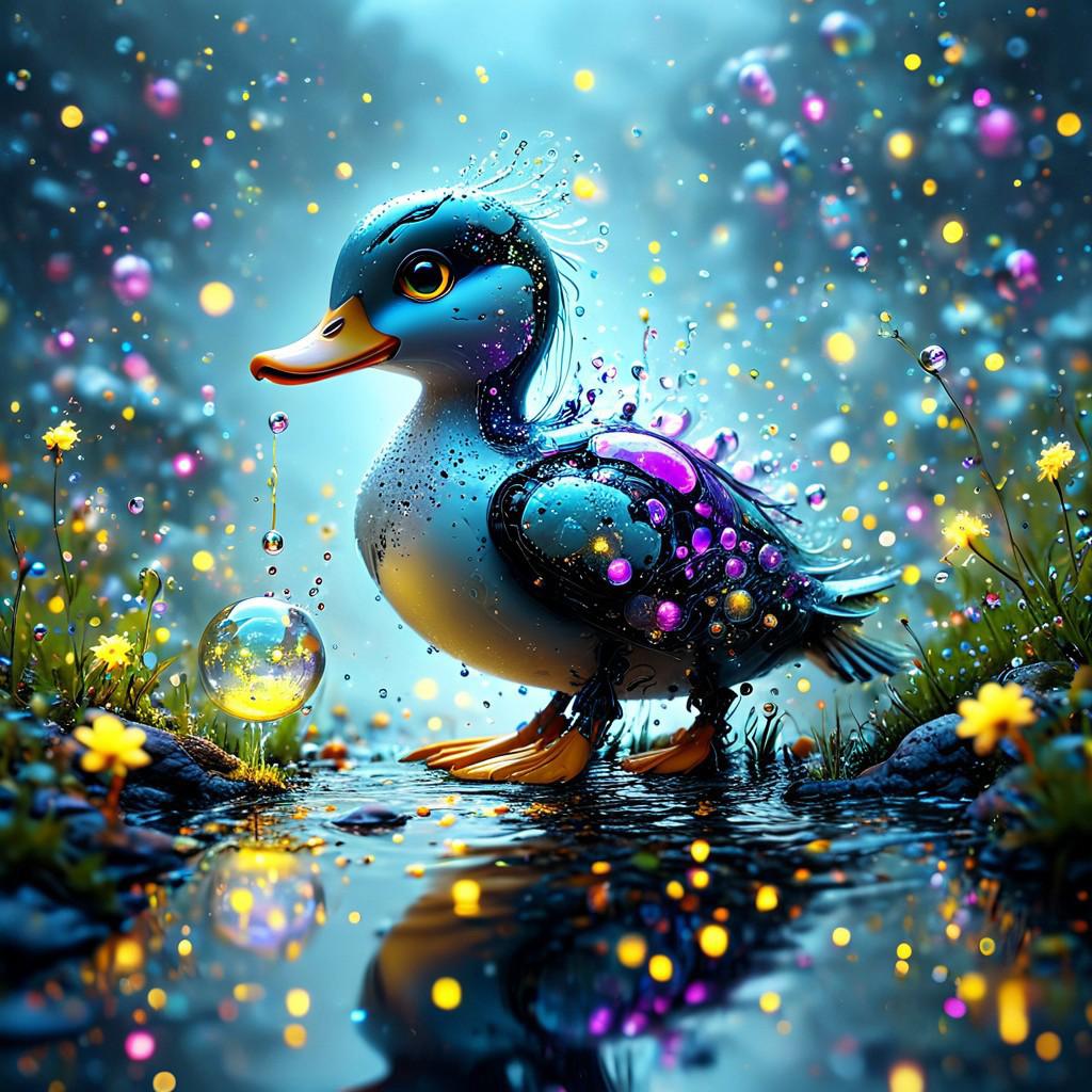 Bubble Bobble style, high quality, masterpiece, misty scene, a beautiful robot duck with purple eyes, with large set yellow crystal, surrounded by fireflies novuschroma12, novuschroma12 style DonM5h4d0wM317XL,, cute,fantasy, vibrant, reflective water, pond, cute, fantasy,