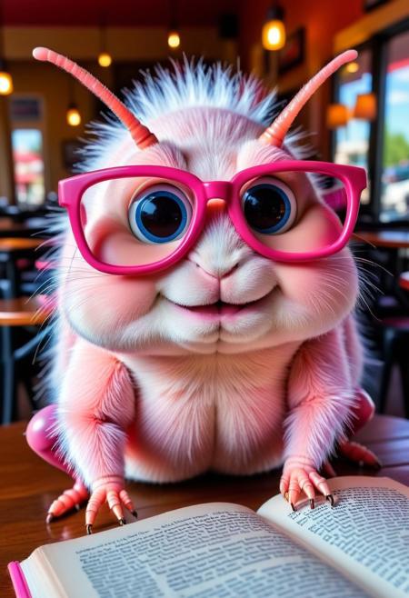 FLUX.1 cinematic style, very cute and kawaii pink cockroach wearing eyeglasses while reading a book and sipping coffee in a cafe, instagram photo,