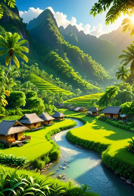 A lively field, featuring lush green grass, serves as the backdrop for a quaint nipa hut, nestled among towering mountains in the background. A tranquil river meanders through the scene, surrounded by tall trees, creating a serene atmosphere. The warm sunlight casts its glow across the landscape, enhancing the ultra-detailed, high-quality, and cinematic depth of the scene. The overall ambiance is peaceful and idyllic, immersing the viewer in a harmonious and picturesque environment.