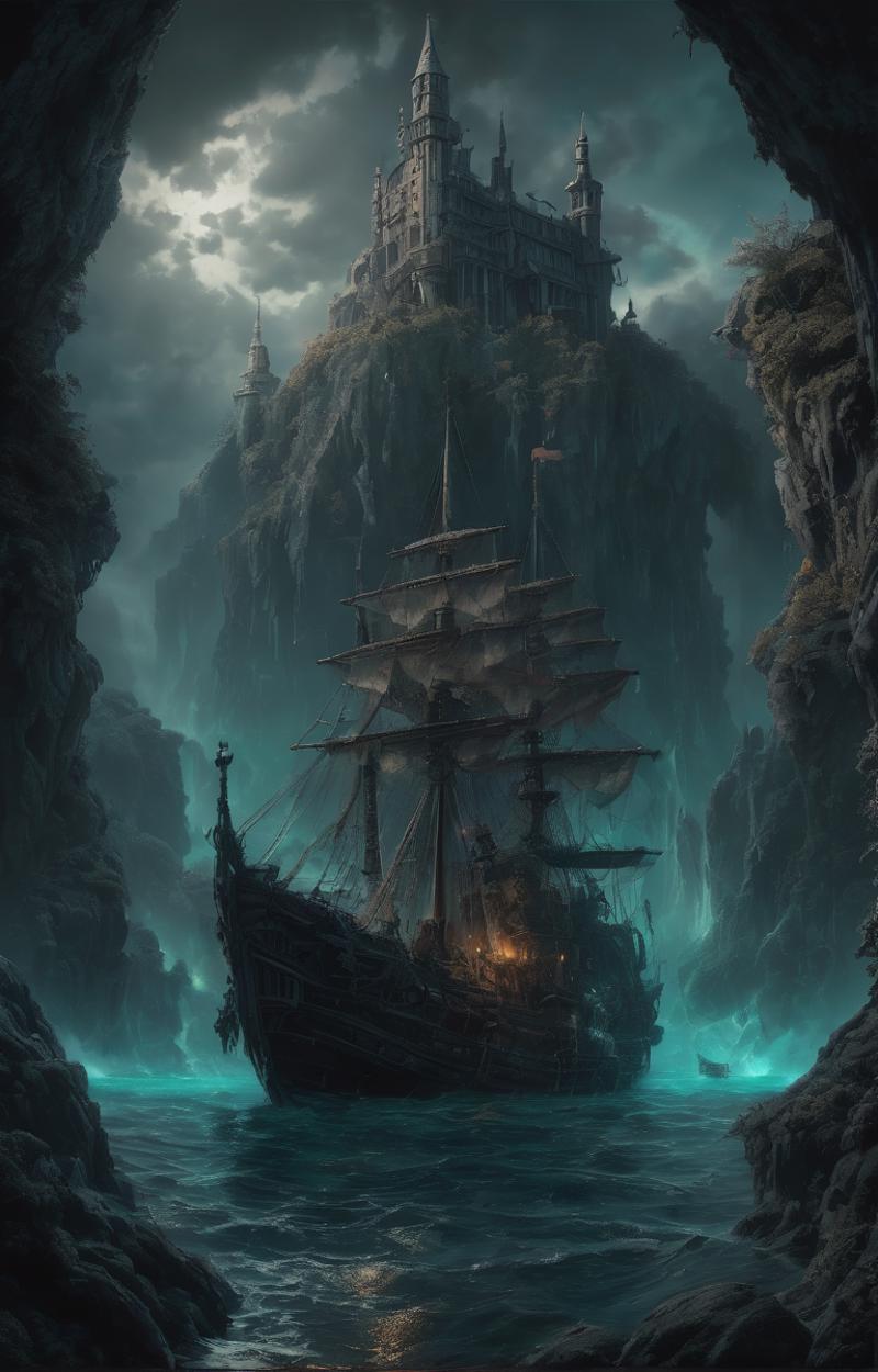 Ancient Ruins with a Sailing Ship in the Water, Illustration
