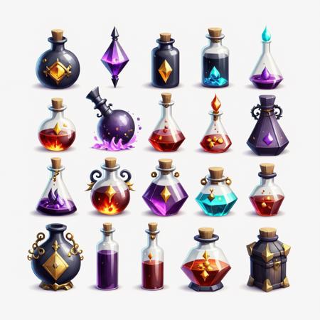 concept art <lora:FFusionXL-SDXL-Potion-Art-Engine-LyCORIS-LoKR-v1:1> a set of different potions and bottles, alchemist bottles, magic potions, game asset occult, rpg game item, magical items, magical potions, potions, alchemical objects on the side, alchemy concept, rpg game inventory item, game icon asset, stylized game art, game icon stylized, game asset, alchemical equipment, potion, game assets, icon white background game art . digital artwork, illustrative, painterly, matte painting, highly detailed