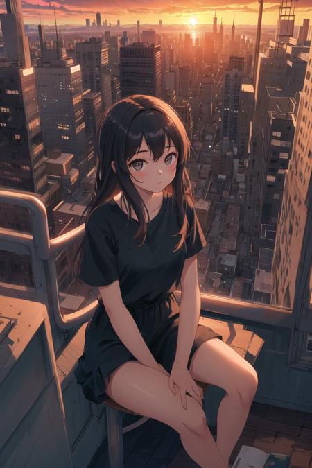 masterpiece,best quality,girl,city,sunset,sitting,cinematic