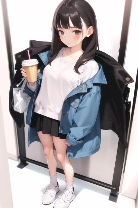 <lora:ama_mitsuki_v0.1:1>
1girl, solo, blush, bangs, skirt, simple background, brown hair, shirt, white background, holding, brown eyes, closed mouth, standing, collarbone, jacket, full body, open clothes, shoes, socks, bag, cup, see-through, white footwear, white socks, blue jacket, sneakers, holding cup, drinking straw, disposable cup, denim jacket, masterpiece, best quality, highly detailed