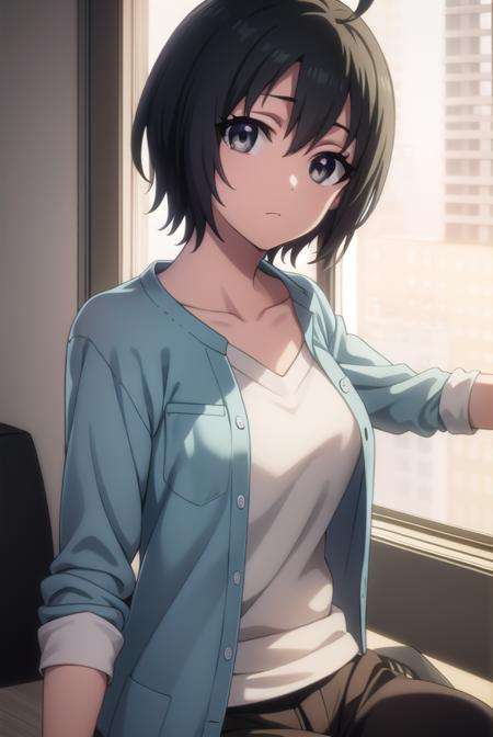 misa toudou, short hair, black hair, ahoge, (black eyes:1.3), shirt, plaid shirt, open clothes, pink shirt, pants,