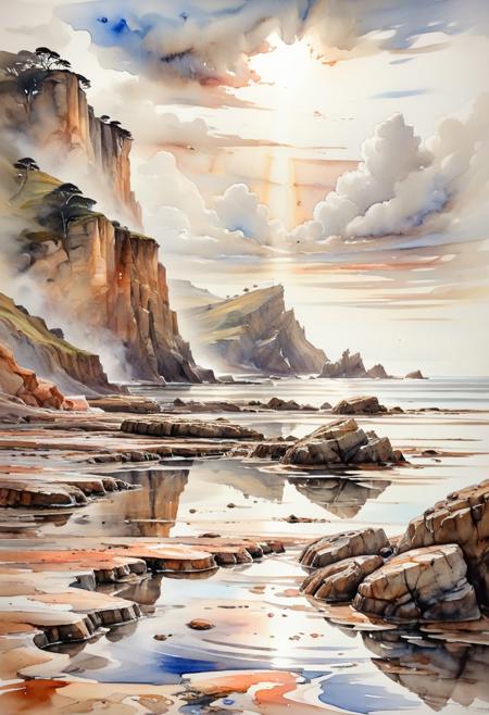 A dinkfsn style ink wash painting. Rich watercolor with metallic highlights. Seen from a low perspective across reflective tide pools on a long rocky beach with tiered cliffs rising high. A colorful seaside town sits built on different tiers of the the cliffs. Fleeting sunlight breaking through moving clouds. Rippled sand mingle in mirrored brushstrokes of steel blue, copper pink, and misty beige. Tide pools and rocks populate the foreground. High-key tonal range lend vibrancy and a sense of pilgrimage to this windswept, reverent seascape, painted with a muted triadic palette that balances sea cools with earthy warmth.