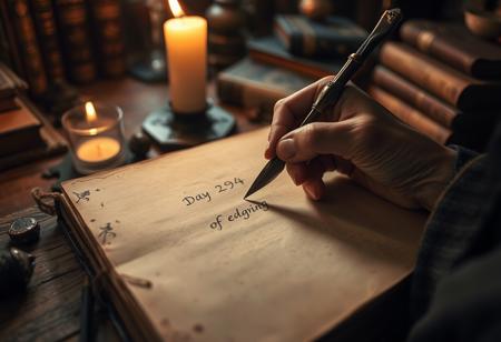 A soft dimly candle-lit POV closeup shot of a dusty old blank wizards tome on an old wood table, surrounded by books, magical or scientific baubles, and trinkets. A very withered, thin and emaciated hand holding a quill is writing in the tome the clearly visible words: Day 294 of edging