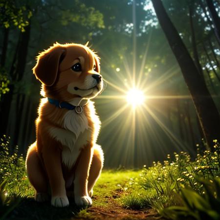 (best quality: 1.2), (masterpiece: 1.2), (realistic: 1.2),  closeup photo, a very cute jumping puppy in the forest, soft volumetric lights, (looking at the viewer: 1.3), (backlit:1.3), (cinematic:1.2), intricate details, masterpiece