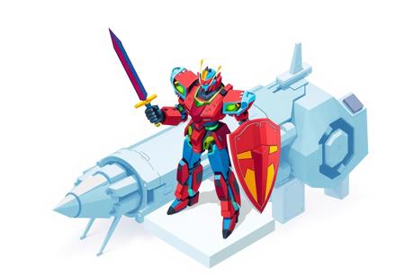 Stylized graphic illustration in Grammer Effect and Splash Ink styles, focusing on a Cyber Angel Natasha robot as the main subject. The robot, a complex and vibrant entity of red, blue, green, and yellow, is positioned centrally, standing on a white surface. It holds a sword in its right hand and a shield in its left, depicted with graphic boldness. A crown is clearly visible on its head. The background features the geometric and complex shapes of Fortissimo the Mobile Fortress, rendered with a unique Houdini-style approach, creating a striking and attractive contrast. The composition is isometric and impeccable, with a creative angle and intentional focus on the robot. The colors are stunning and harmonious, presented in a multi-colored, contemporary aesthetic. The overall piece is high-quality and trending on ArtstationHQ, utilizing the Golden Ratio for visual balance. No discernible texts or other objects are included, allowing the focus to remain solely on the stylized robot and its dramatic background.