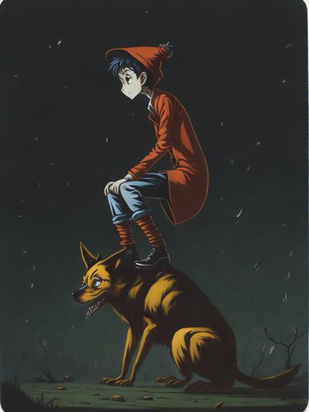 <lora:Dixit:1>a painting of a boy sitting on top of a dog