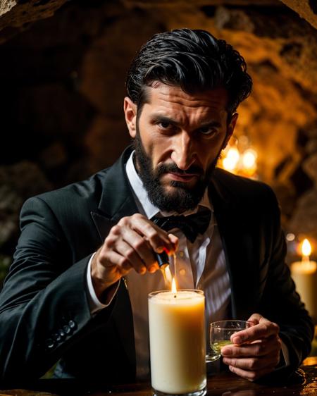 (Fares Fares:1.2) (Fares_Fares_SD15_v2-012:0.92) man with a (slicked-back hair:1.4) wearing a black vest (and long sleeved white shirt:1.25), inside a dark cave, (full:1.2) (long:0.5) (squarish:1.2) big (beard:1.2), devilish (confident looking down:1.2), (a ven0mancer, venom liquid, swirling green liquid:1.1) is around his body, 4k uhd, dslr, soft light, high quality, Fujifilm XT3 <lora:weight_slider_v2:-0.5> <lora:detail_slider_v4:0.92> <lora:Concept - Venomancer:0.35> <lora:muscle_slider_v1:-0.8>