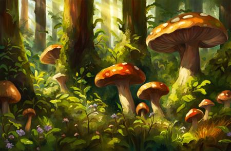 a digital painting of a dense lush mixed forest with mushrooms growing in it, lots of foliage, bushes, flowers, small rays of sunlight streaming through the trees, volumetric light shafts, painterly illustration, vivid fantasy colors, digital art