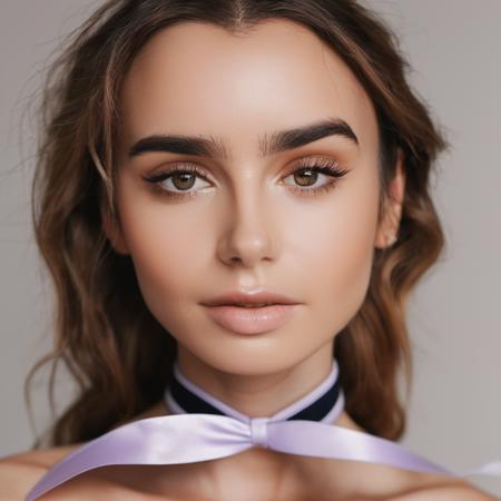 Portrait photo of a woman with a ribbon around her neck, wearing clear lip gloss,(glossy lips), Nikon Z9, realistic matte skin, skin texture visible, (sharp focus), (high quality)