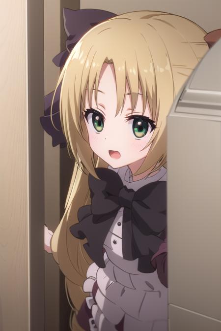 chizuruakaba, <lora:elise toudou s2-lora-nochekaiser:1>,
elise toudou, long hair, blonde hair, (parted bangs:1.5), (green eyes:1.3), smile, open mouth,
BREAK bow, hair bow, bowtie, dress, frills, puffy sleeves, purple dress, skirt,
BREAK indoors, classroom,
BREAK looking at viewer, (cowboy shot:1.5),
BREAK <lyco:GoodHands-beta2:1>, (masterpiece:1.2), best quality, high resolution, unity 8k wallpaper, (illustration:0.8), (beautiful detailed eyes:1.6), extremely detailed face, perfect lighting, extremely detailed CG, (perfect hands, perfect anatomy),