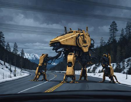 <lora:ssta:0.6>ssta, road, snow, clouds, trees, mountains, power lines, mech drones, view from inside car