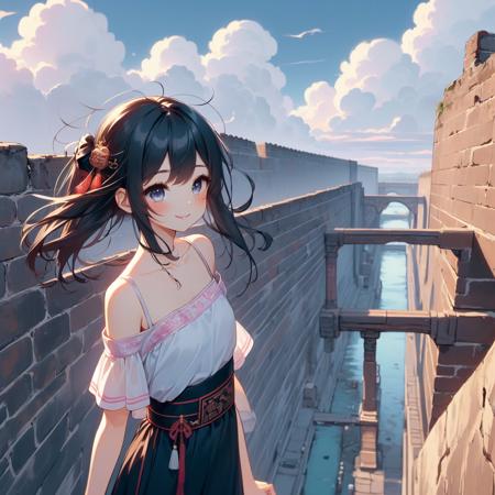 (((masterpiece))),  (((best quality))),  (((china style))),  (((river near busy old street))),  wind,  cloud sky,  night,  solo,  1girl,  smile,  rosy lips,  short sleeves,  off shoulders,  qipao hanfu mixed,  (((collarbone))),  ((girl stand on top floor of city wall)),  teenager,  ribbon bunhair longhair,  hairclip,  ((petite figure)),<lora:EMS-221092-EMS:1.000000>