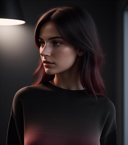 Best quality, masterpiece, ultra high res, (photorealistic:1.4), raw photo, 1girl, hair black gradient red, cinematic lighting, pullover shirt