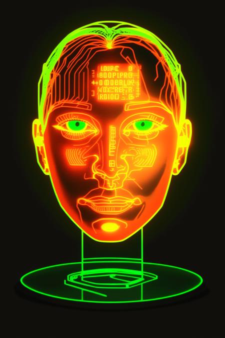 a computer generated image of a face on a plate with a wire mesh design around it and a red and green circle, Beeple, volumetric lights, a raytraced image, holography
 , cyber_ui