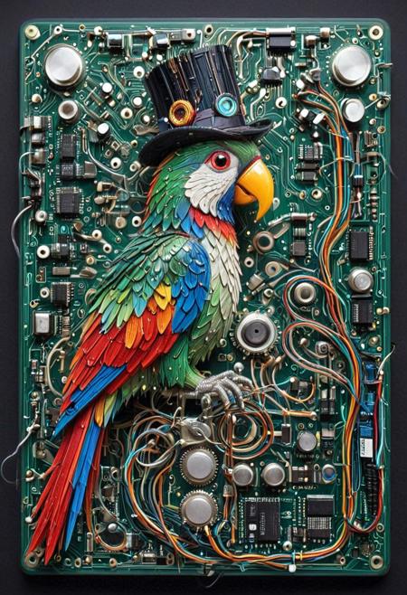 embedding:lazmpos, Transistors, pcb_style, LED, colorful LED lights, RGB lights, red green and blue parrot, art deco, top hat, cane, monocle,RetroBG