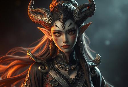"Create a highly detailed, cinematic 8k character concept art of a female djinn-woman-demon hybrid, inspired by Xia Gui and Guan Daosheng, with two pointed ears, sekiro-inspired details, and skeksis elements. The character should be dressed, and have a hyper-realistic, epic lighting composition. This piece should reflect the golden ratio, and be trending-worthy on Artstation."