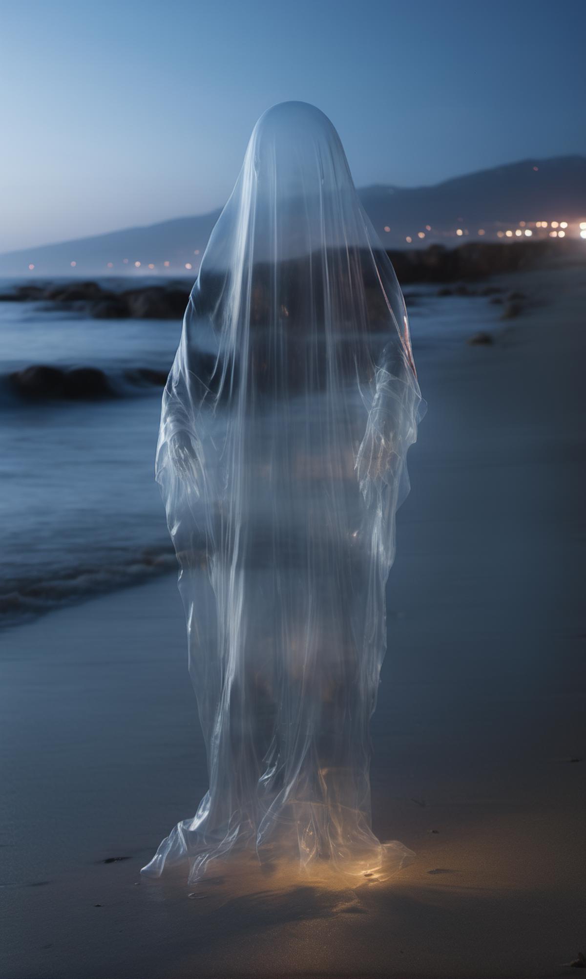 A person wearing a plastic bag on a beach at night.