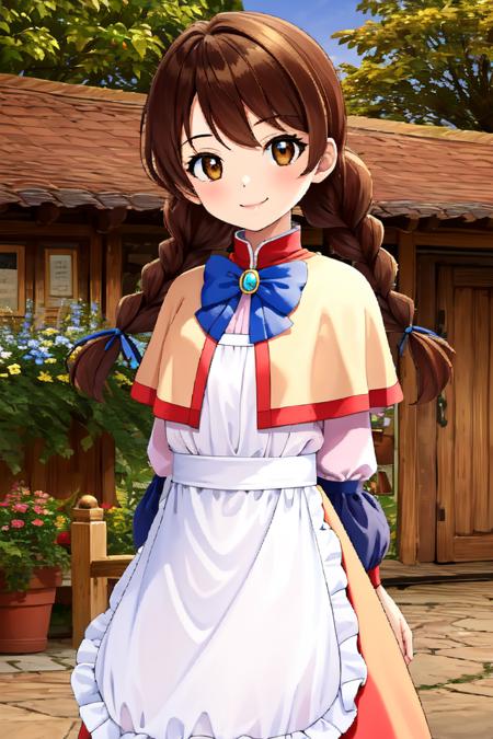 tamilwind, brown hair, twintails, braided twintails, brown eyes pink capelet, blue bow, dress, long skirt, yellow skirt, apron,