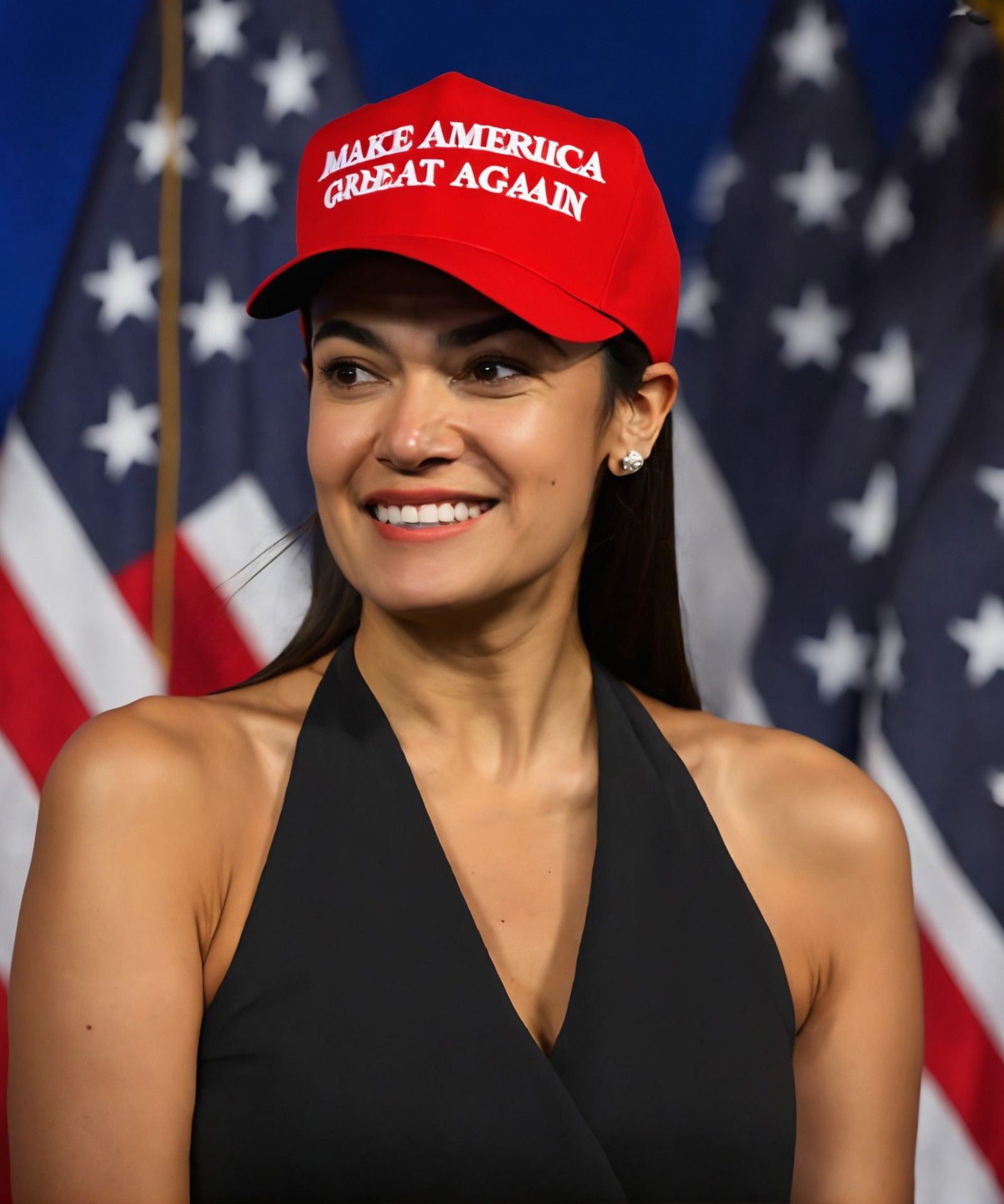 woman wearing red maga hat, upper body, fire at background, Alexandria Ocasio-Cortez, horror theme , professional, photo, ...