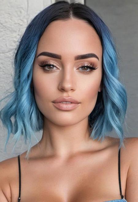 beautiful young woman portrait photo, blue hair, realistic very light freckles on face, only brown eyes, latina influencer, instagram model, very slightly rough skin, realistic portrait, realistic ambience light, light makeup, large breasts, full body