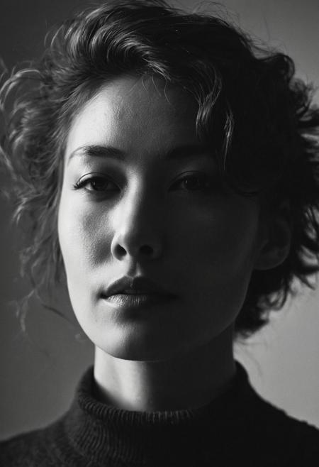 shadows, sunlight streaming from above, striking details, vintage, dark image,3d depth, DOF, messy hair, low quality image, noise, grain, head tilted away, Ethereal Sunlit Monochrome: A high-contrast black-and-white portrait with natural sunlight streaming from above, illuminating a section of the face and making the skin glow. The subject wears a dark turtleneck, and hair partially obscures one eye. Use a Sony A7R IV with a 35mm f/1.4 lens for a crisp and dramatic effect.