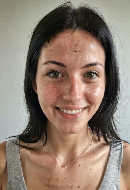 instagram selfie, 2/3 portrait , a 23 year old gorgeous skinny  woman , happy relieved smile, sweaty and exhausted, detailed skin face and eyes ,  long black hair, wearing a silver necklace, film grain, low contrast, natural face , freckles , black hair , green eyes, dark circles under eyes, in a cute apartment in paris, natural lighting, hard nipples