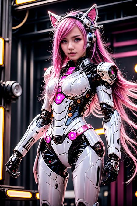 <lora:AgainCyberpunkArmor:0.8>,18 y.o, cuite face, 1girl, long hair, solo, pink hair, pink eyes, portrait, very long hair, looking at viewer, standing, animal ears, breasts, mechanical arms, science fiction, cyborg, necktie, chibi, wings,