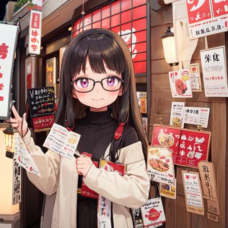 masterpiece, best quality, ultra-detailed, illustration,
1girl, glasses, black hair, long hair, sweater, long skirt, shy smile, happy, v, looking at viewer, upper body,
yukari, storefront, food, night, sign, paper lantern, lantern, shop,
<lora:Okonomiyaki_Yakari_SD15_V1:0.8>