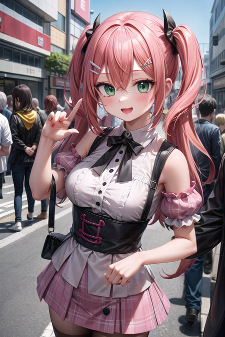 insanely detailed, absurdres, ultra-highres, ultra-detailed, best quality,
1girl, solo, nice hands, perfect hands,
BREAK
(wearing harajuku-style coordinate),
happy smile, laugh, open mouth,
dynamic pose,
45 angle, cowboy shot,
BREAK
slender, kawaii, perfect symmetrical face, ultra cute girl, ultra cute face, ultra detailed eyes, ultra detailed hair, ultra cute, ultra beautiful,
BREAK
in harajuku, shibuya, tokyo, street, crowd, cityscape,
medium large breasts,
BREAK
long hair, orange hair, medium hair, messy hair, green eyes, hair between eyes