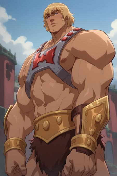 he-man,solo,1boy,male focus, armor, muscular, big pectorals, blonde hair