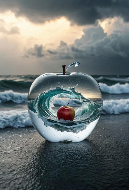 Stable_Yogis_PDXL_Positives
 Imagine a photograph capturing an extraordinary and surreal subject: a transparent apple, crystal clear and perfectly formed, revealing a highly detailed, tumultuous miniature sea raging within. The apple sits boldly in the center of the frame, its smooth, glass-like surface reflecting light and offering a window into the dynamic scene inside. Within, the stormy sea is a marvel of miniaturization - tiny waves crest and crash with realistic ferocity, and if one looks closely, minute flashes of lightning and swirls of wind can be discerned, adding to the tempest's drama. The background of the photo is intentionally simple, perhaps a soft, neutral color or a subtle gradient, ensuring that all attention is drawn to the striking contrast between the serene exterior of the apple and the wild, chaotic seascape it contains. The lighting is key, illuminating the apple in a way that highlights the intricate details of the storm inside while maintaining the overall clarity and impact of the image.