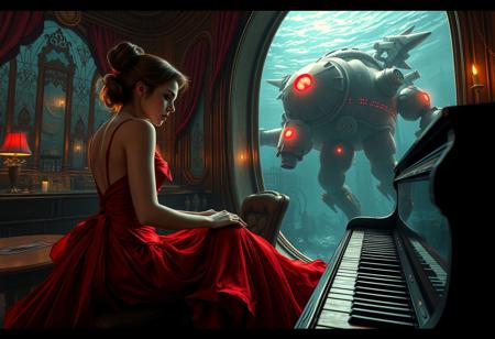(ultra-detailed, scifi-fantasy, concept-art photoillustration, inspired by the game Bioshock). In the years before Rapture's citizens grew corrupted by madness, Bioshock's city at the bottom of the sea was a veritable utopia —a place unlike any other. Capture a wide-angle view, featuring a beautiful woman in a red dress, playing the piano for the lounge guests of Ratpure's Kashmir Restaurant. A Big Daddy mech ominously swims past the window in the background, foreshadowing the eventual fate of the city.