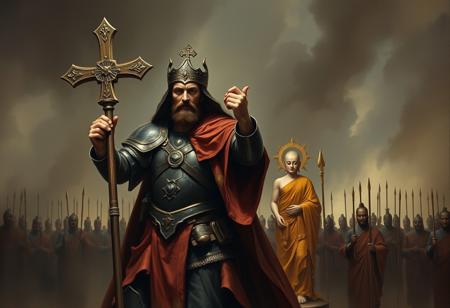 Jesus Christ, cladded in heavy armor, wielding a cross polearm, leading the armies of God to the eternal crusades
On the opposite side is Buddha, leading an army of monks 
Dark, oppressive, gothic style, realistic painting