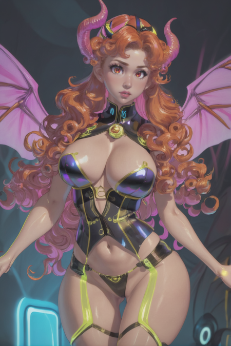 1girl, woman, (timeless Lightcore:1.3) succubus, wings, full body, lingerie, [:intricate costume design,:0.2], bombshell hair, infra neon goldenrod hair, curly hair, muscular hips, muscular legs, wide hips, narrow waist, abs, large breasts, (asian:1.3)<lora:Envious2-adamw-32-000023:1>