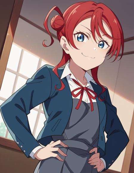 <lora:mei-yoneme-s2-ponyxl-lora-nochekaiser:1>, mei yoneme, bangs, blue eyes, hair between eyes, red hair, hair bun, single hair bun, single side bun, shirt, dress, ribbon, school uniform, jacket, white shirt, open clothes, collared shirt, open jacket, red ribbon, neck ribbon, blue jacket, pinafore dress, grey dress, yuigaoka school uniform,