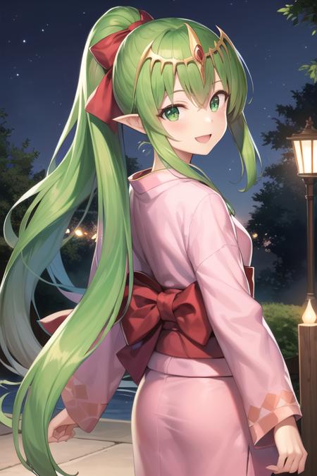 <lora:youngTiki_fe_v1:.5>, 1girl, solo, yTiki_fe, hair ribbon, ponytail, circlet, kimono, outdoors, night, from behind, smile