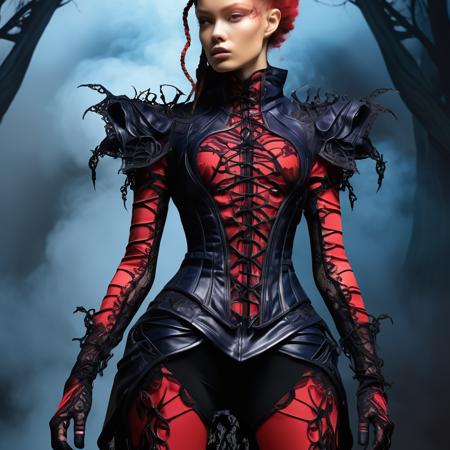 ((best quality)), ((masterpiece)), ((realistic,digital art)), (hyper detailed),DonMD3m0nV31nsXL,bio organic demonic veins, lower body clothing, Nano-reinforced Coating, , Programmable Smart Nanomaterials, Oversized Fit, Natural Waist,  Lace-Up Back,,Dip Dye Wash,,Two-Piece Set, Corset Closure,,Tie-Dye,Slit Details,,Belt Included,  , <lora:DonMD3m0nV31nsXL_v1.1-000009:0.85>