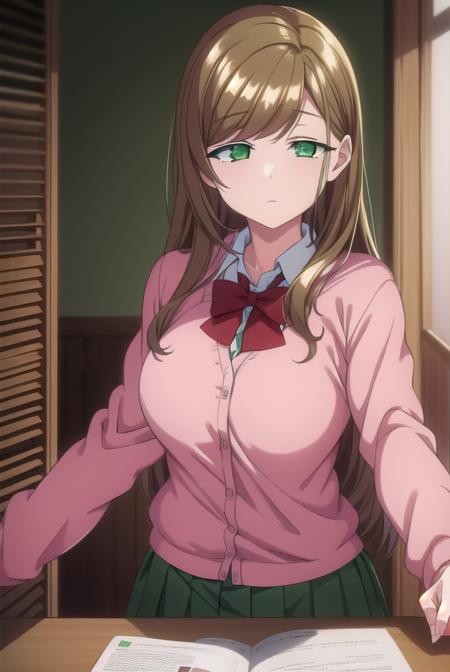 minakosanada, <lora:minakosanada-lora-nochekaiser:1>, 
minako sanada, long hair, brown hair, (green eyes:1.5),
BREAK long sleeves, bow, school uniform, bowtie, red bow, cardigan, pink cardigan,
BREAK looking at viewer,
BREAK indoors, classroom,
BREAK <lora:GoodHands-vanilla:1>, (masterpiece:1.2), best quality, high resolution, unity 8k wallpaper, (illustration:0.8), (beautiful detailed eyes:1.6), extremely detailed face, perfect lighting, extremely detailed CG, (perfect hands, perfect anatomy),