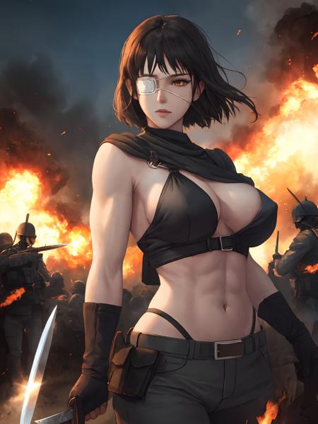 1girl,velmet,big breasts,muscualr female,holding knife,city,explosion, battlefield, masterpiece, best quality,eyepatch<lora:valmet:0.9>