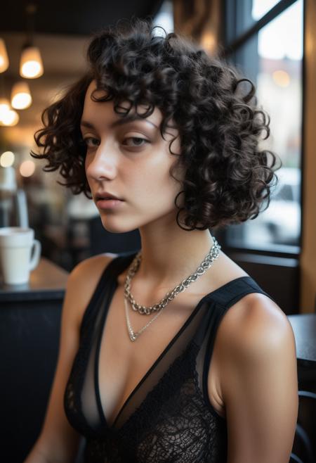 photography of a woman with ((curly bob haircut)) wearing a (necklace), dressed in black bodysuit, lace texture, sheer fabric, leaning forward, arching back, looking away, close-up shot, centered subject, at a cafe, sharp focus